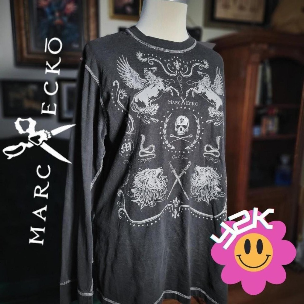 Marc Ecko Shirt Mens Vintage Y2K Black Graphic Crew Mall Goth Tee Long Sleeve XL